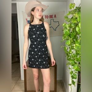 Vintage 90s/00s Navy Sheath Dress with Light Blue Floral Print